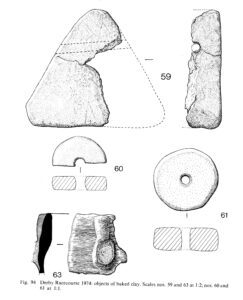 Archaeological illustrations: a triangular item, and two donut items
