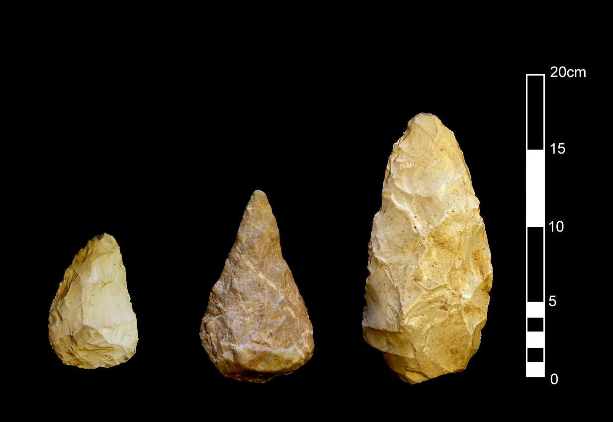 A photo of three worked stone tools of different shapes, between 8 and 20 cm in length.