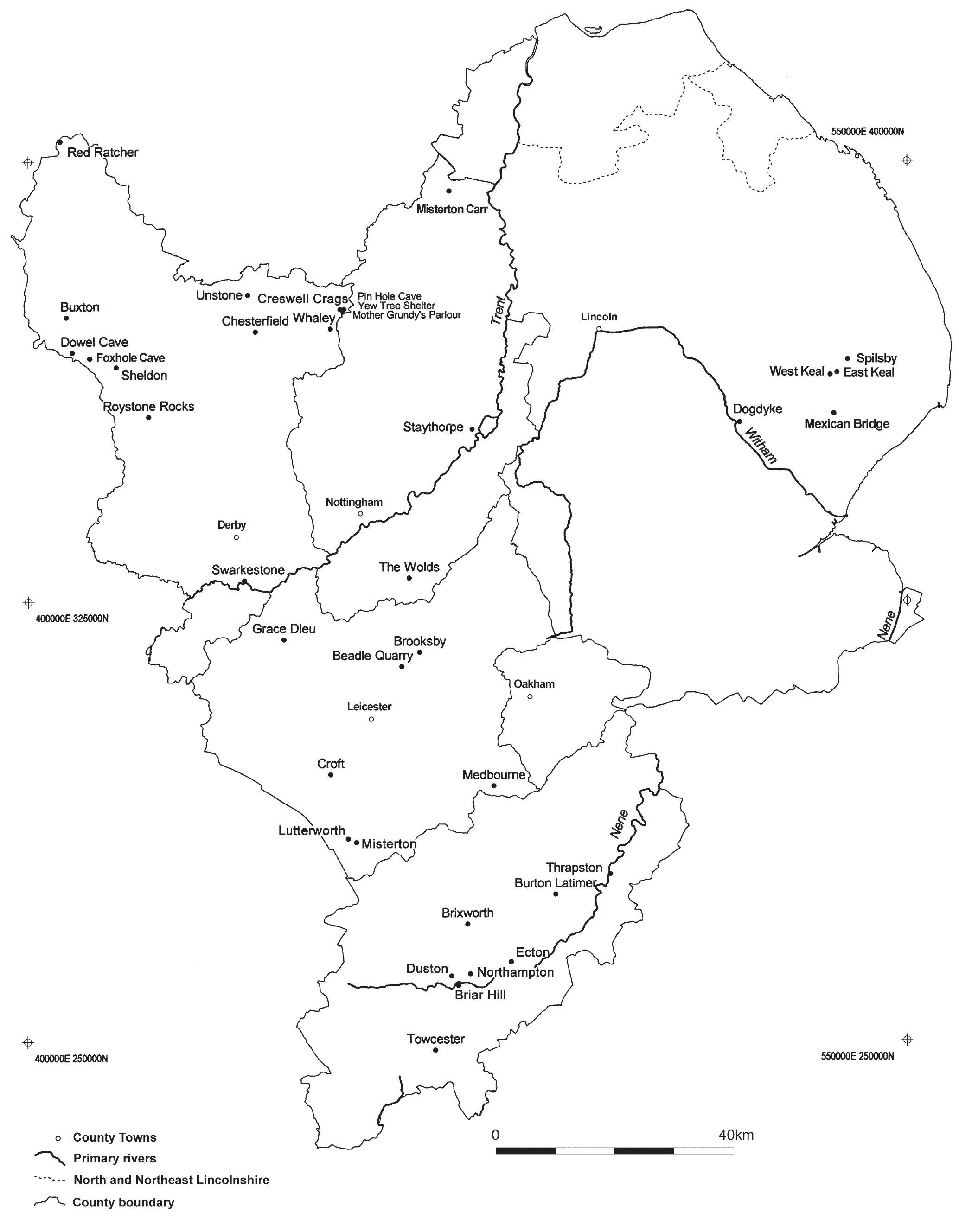 A map of the midlands showing mesolithic sites mentioned in the text. Sites are widespread, but there are concentrations in the north-west and along the river Nene.