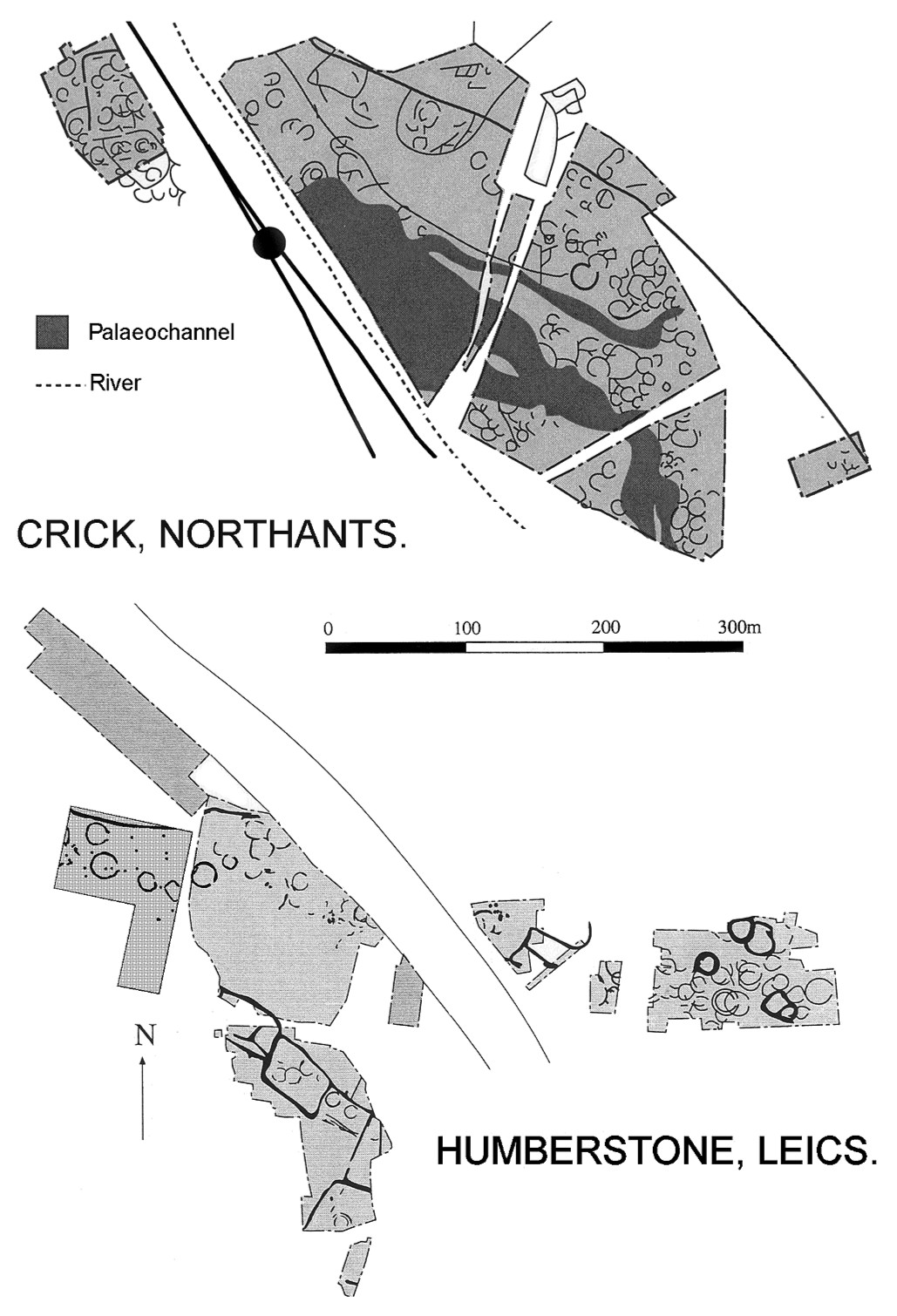 Diagrammatic representations of two archaeological sites - Crick, Northants and Humberston, Leics. Both sites are roughly 500m across and contain a large number of small circular structures.