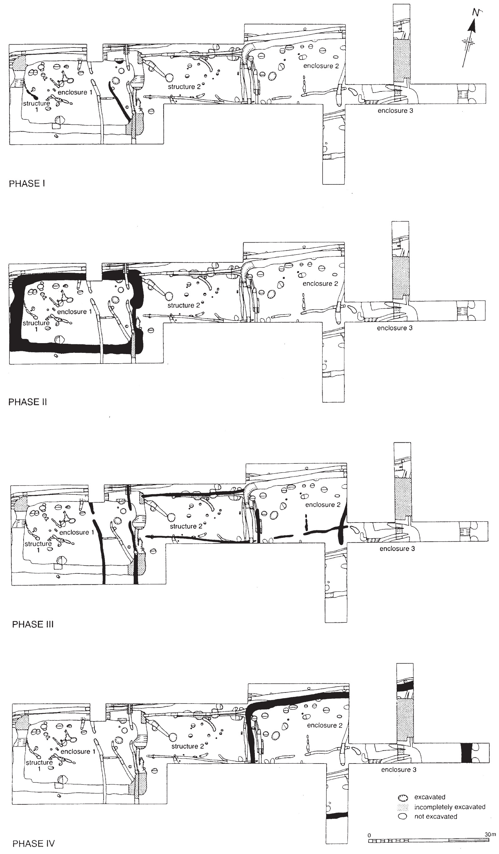 Four diagrams showing activity on a site from four different time periods. The site is roughly 120m long and comprises several overlaid structures and enclosures.