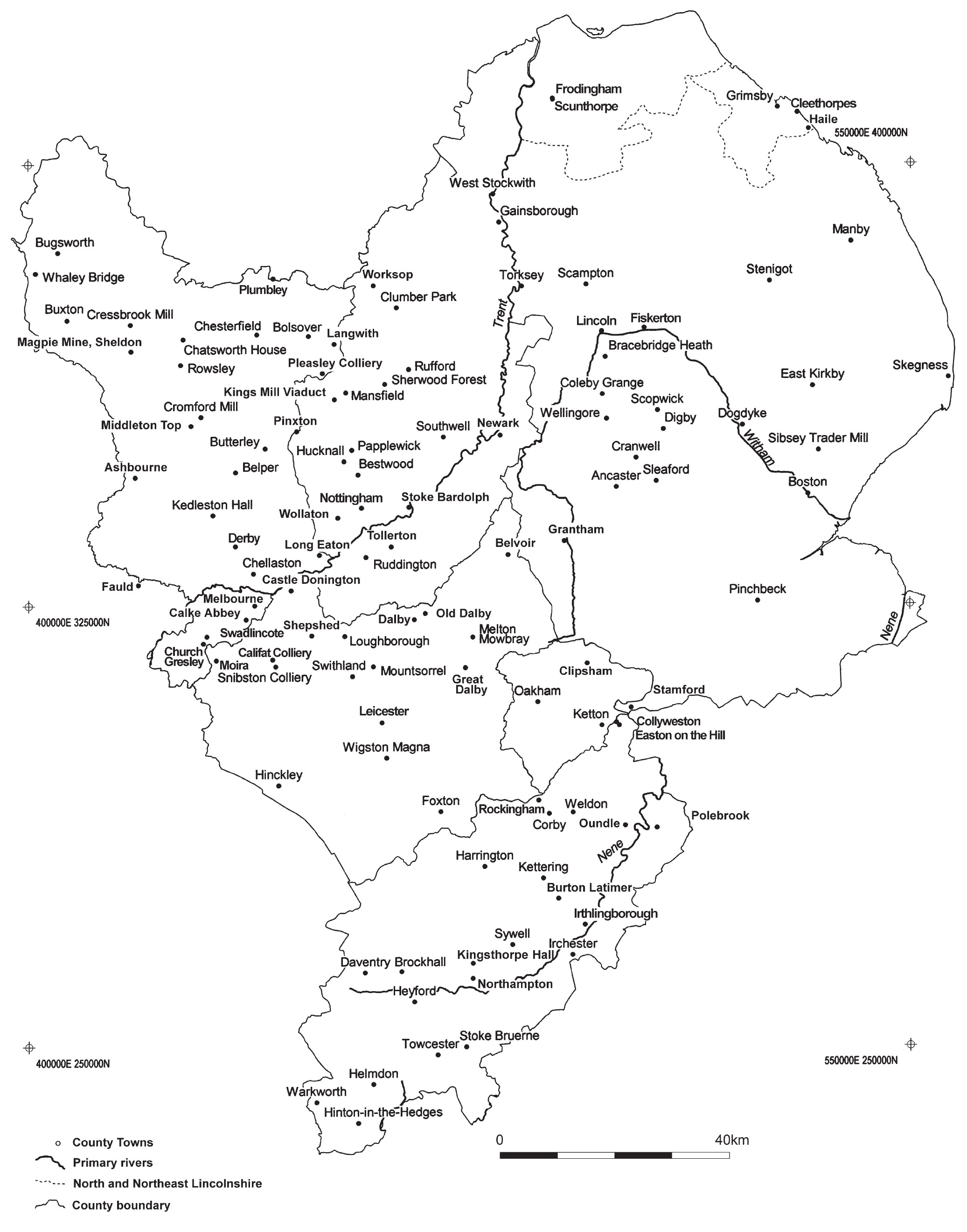 A map of the Midlands showing the distribution of sites. Sites can be seen in all regions, but the greatest concentration is in the west and north west.