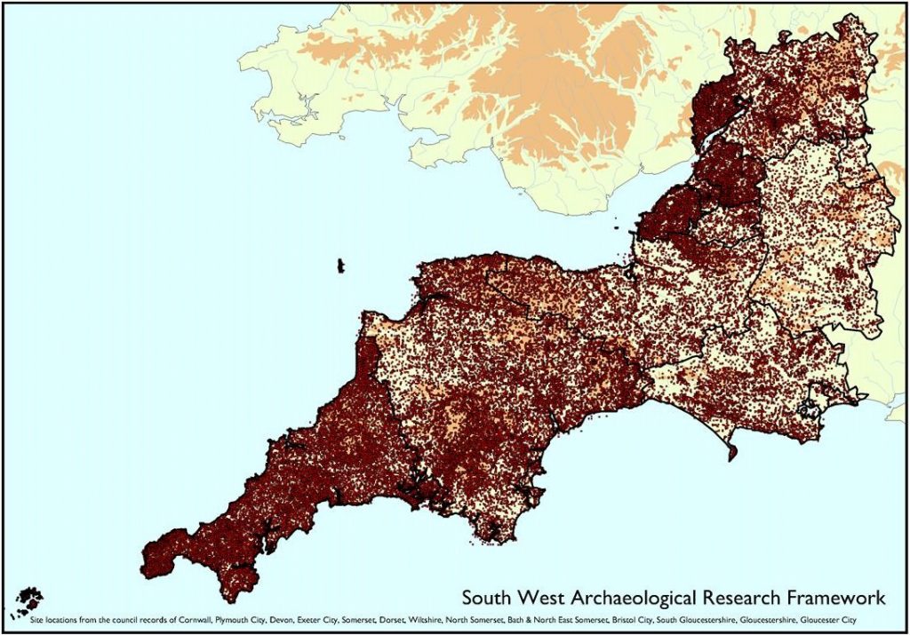 a map showing the distribution of all sites recorded in historic environment records in south west England
