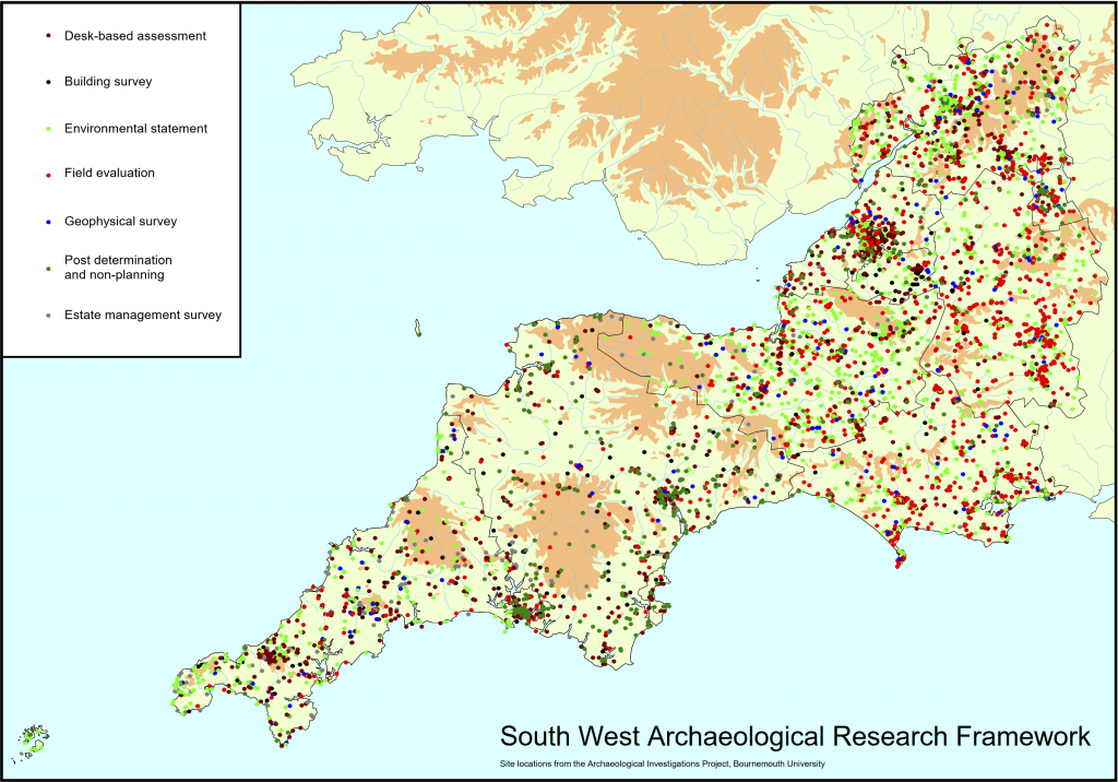 a map showing the distribution of archaeological activity across  in south west England