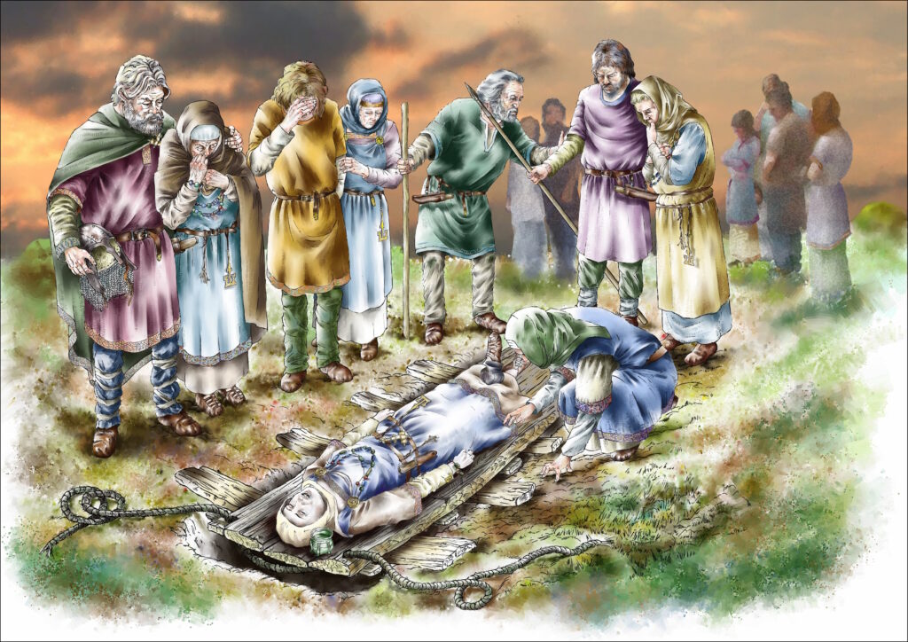 Illustrative interpretation of Early Medieval inhumation burial by Steve Rigby.