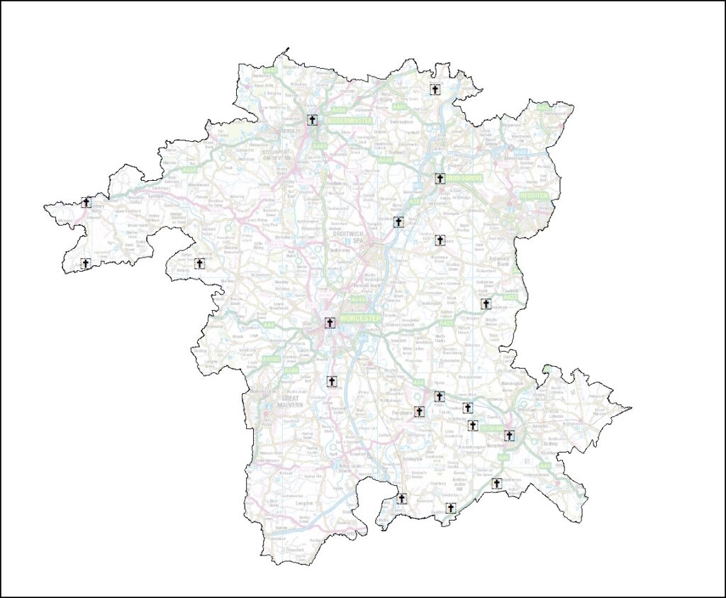 GIS map showing documented Christian minsters and ecclesiastical centres in Worcestershire.
