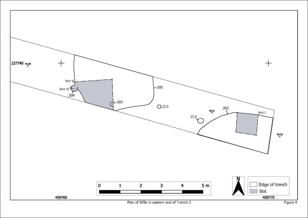 Plan of evaluation trench with two sunken featured buildings discovered at land off Morris Road, Broadway.